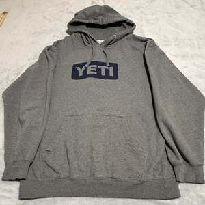 YETI Mens Hoodie Pullover Sweatshirt Heather Gray Large Logo Kangaroo Pocket